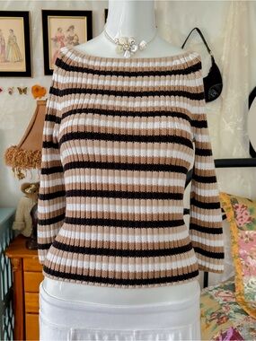 Vintage minimalist girly boat neck ribbed heavy cotton striped 3/4 sleeve top